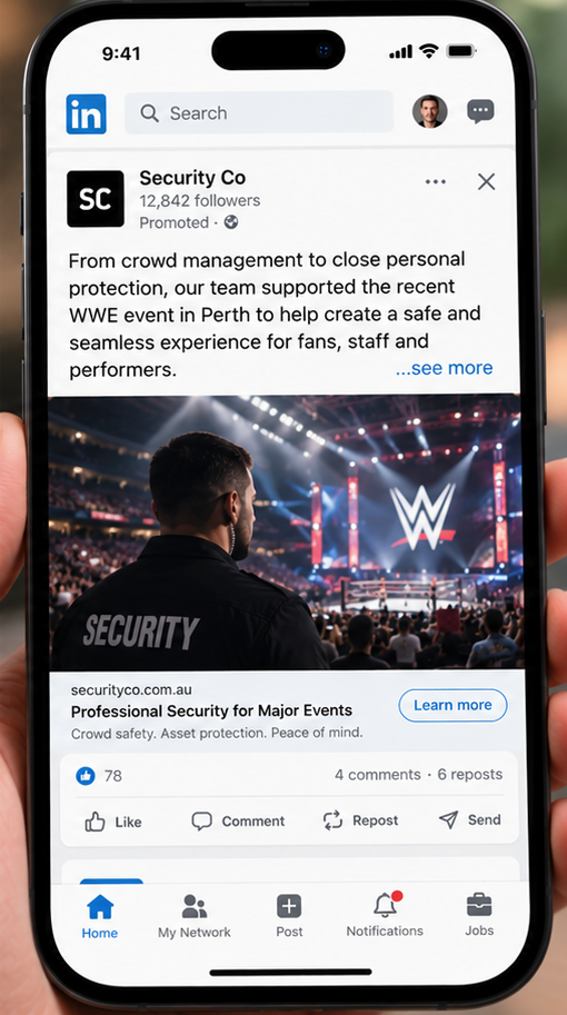 Phone showing a sponsored LinkedIn post for a security company, an example of LinkedIn ads