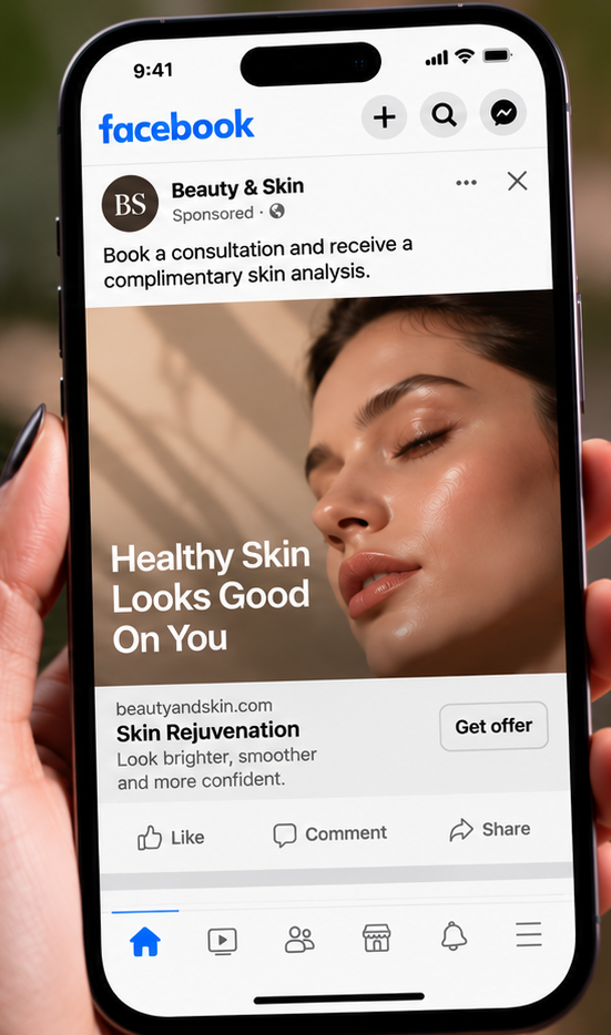 Facebook sponsored ad example for a skin clinic on a smartphone