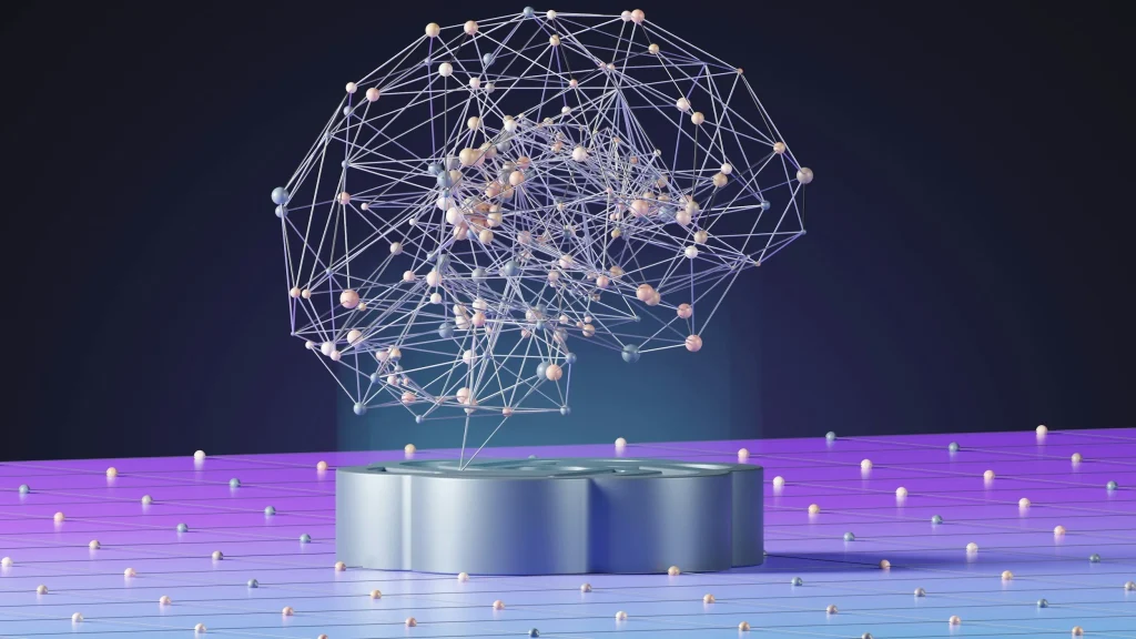 3D illustration of a glowing network shaped like a brain, representing AI SEO