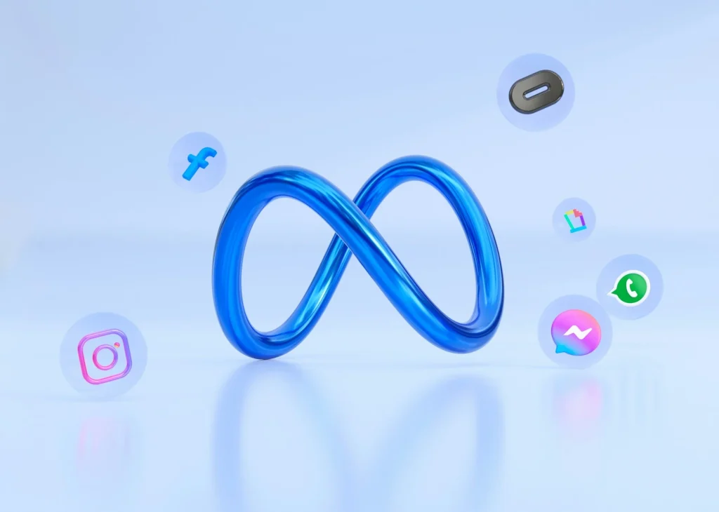 Meta infinity logo surrounded by Instagram, Messenger and WhatsApp icons, for a Facebook ads guide