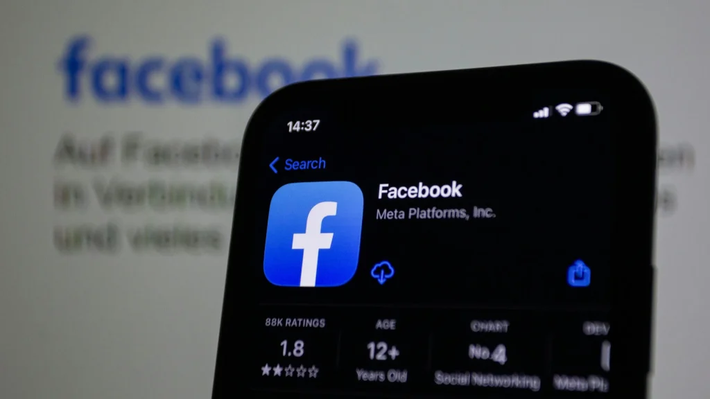 Phone showing the Facebook app in the app store, for an article on lead gen vs ecommerce ads