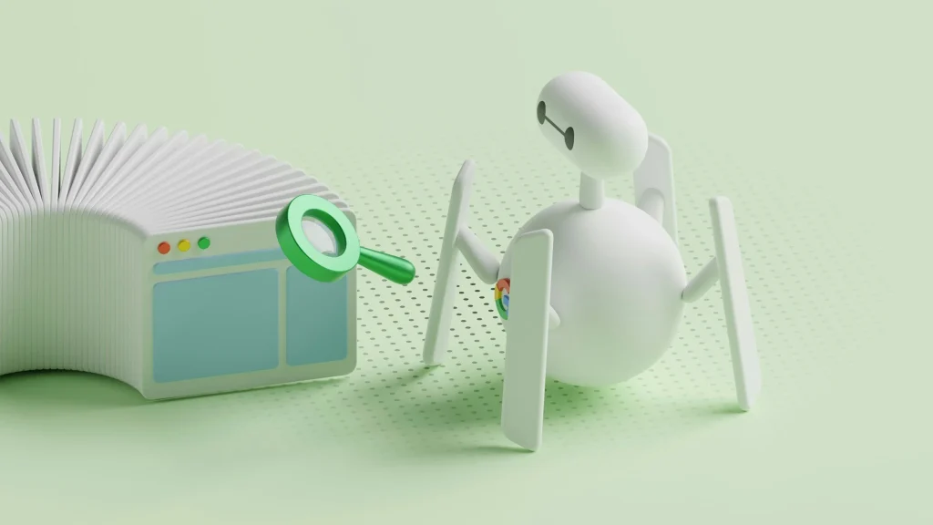 3D robot holding a magnifying glass over web pages, illustrating how local SEO helps search engines find you