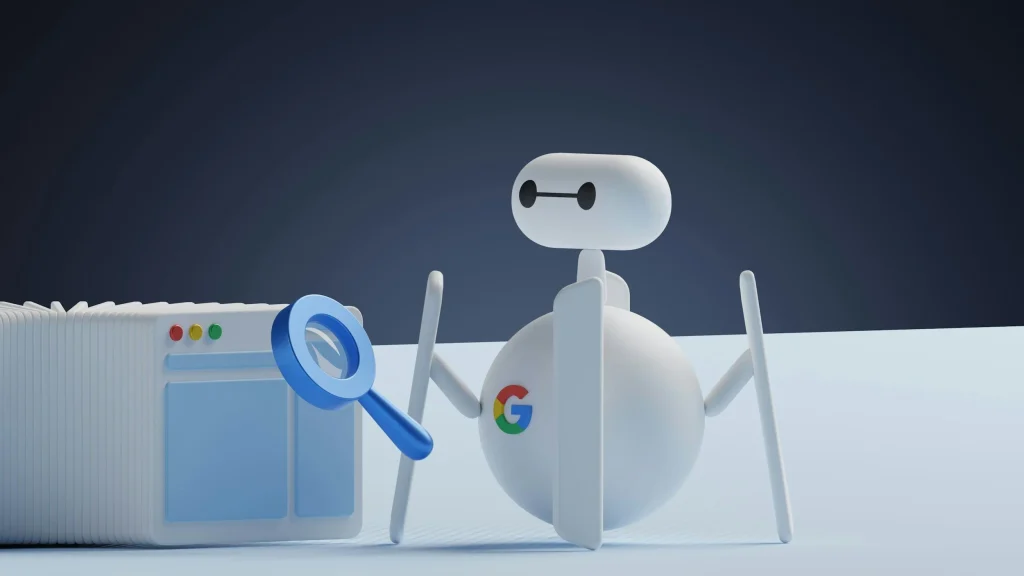 3D Google robot inspecting web pages with a magnifying glass, illustrating E-E-A-T SEO