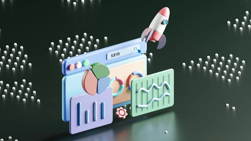 3D illustration of a search page with charts and a rocket, representing what SEO is and how it lifts rankings