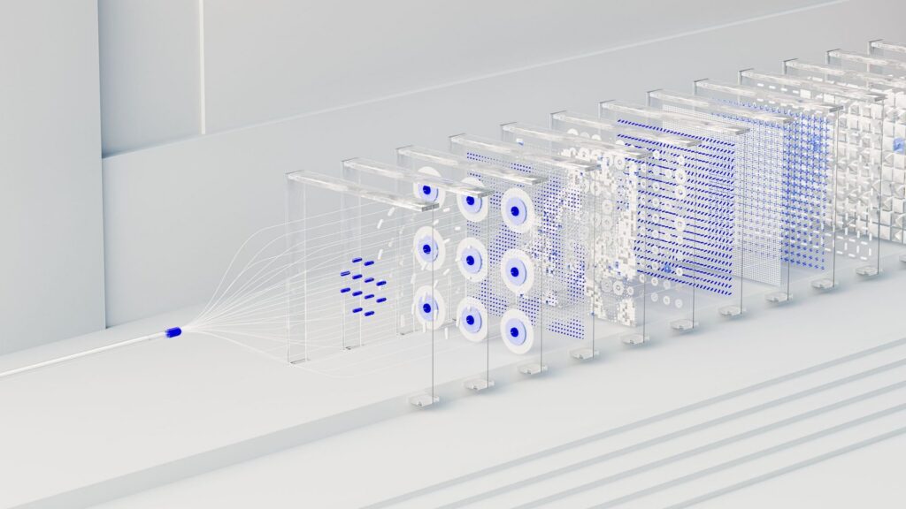 Abstract 3D illustration of data passing through glass panels, representing AI search visibility