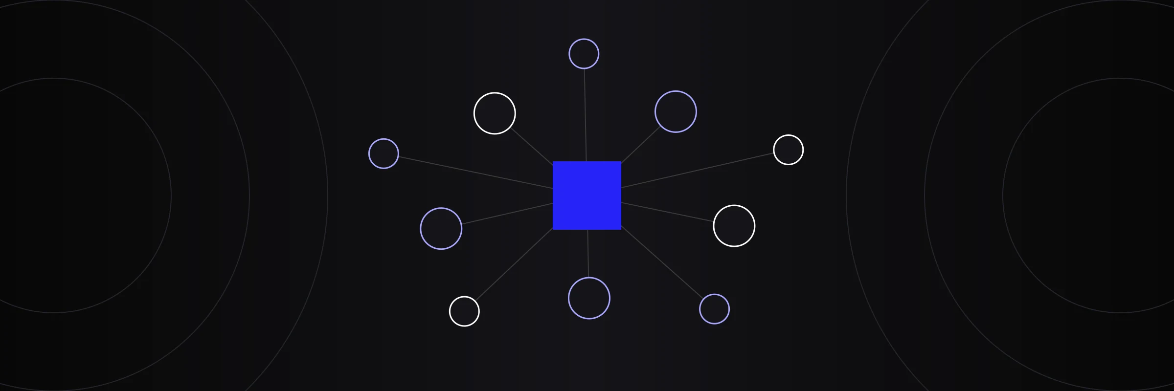 Diagram of a central blue square linked to a network of location circles, for franchise marketing