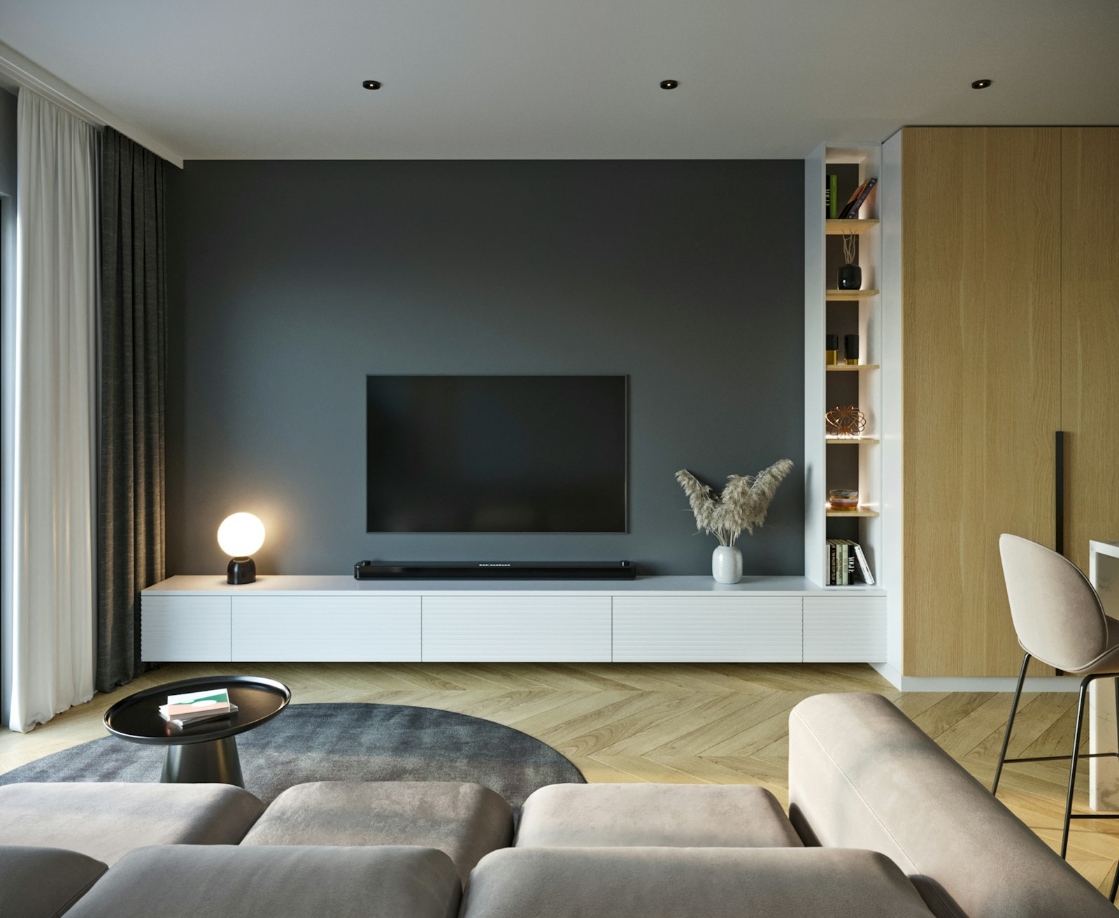 Modern living room with a wall-mounted TV and media unit, from a lead generation case study