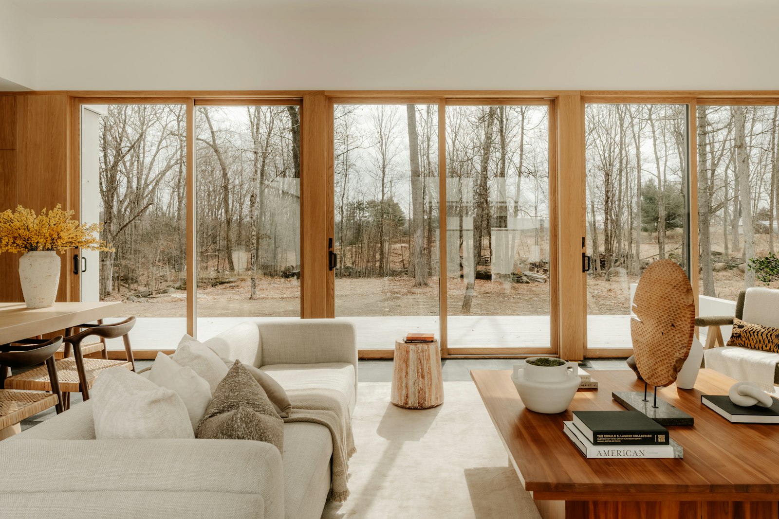 Bright living room with large sliding glass doors facing bushland, from an SEO case study for a door repair company