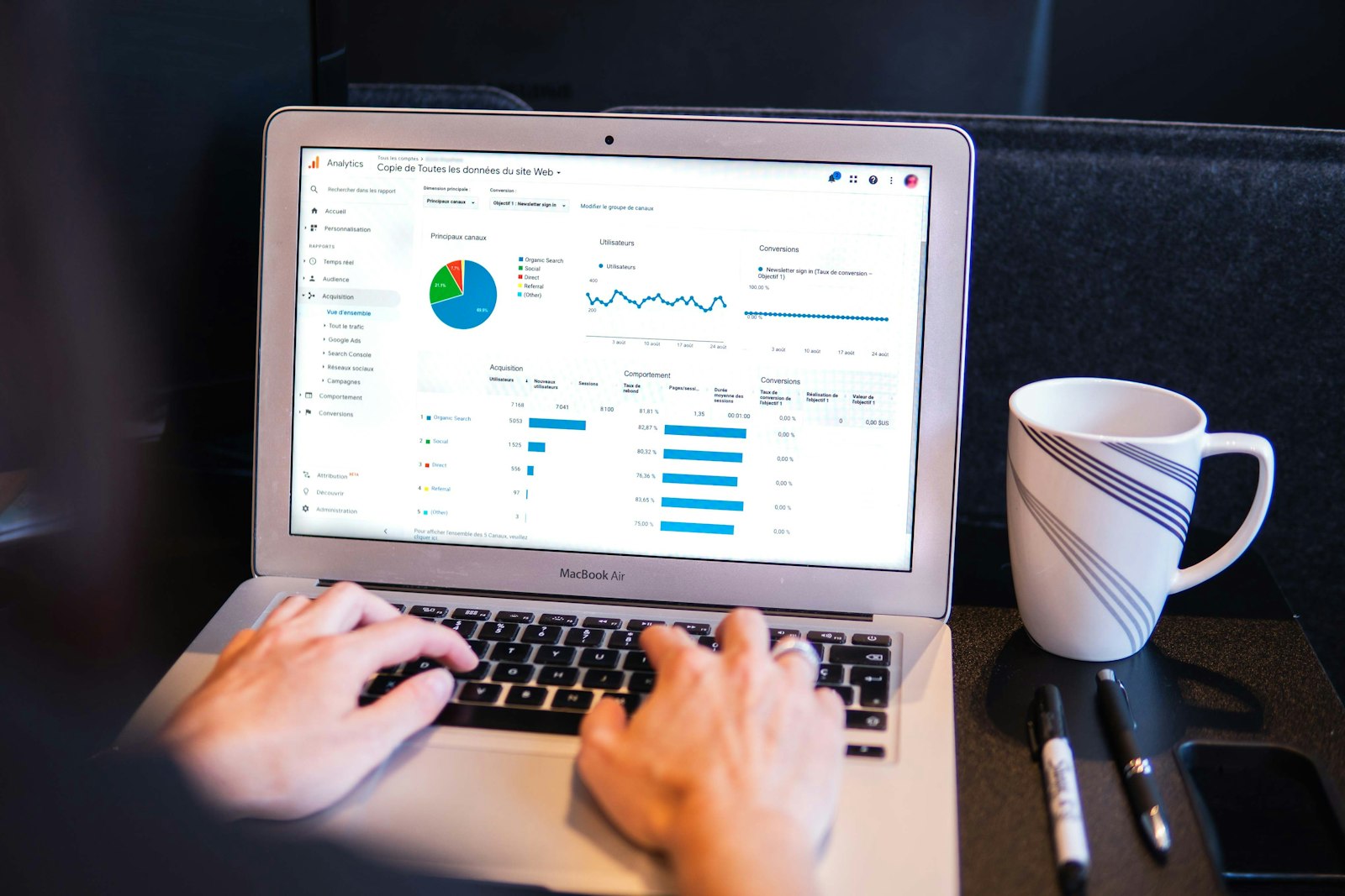 Laptop showing a marketing reporting and analytics dashboard with charts