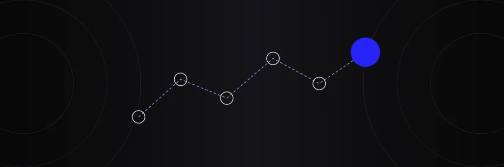 Diagram of a dotted route linking circles to a large blue stop, for tourism marketing